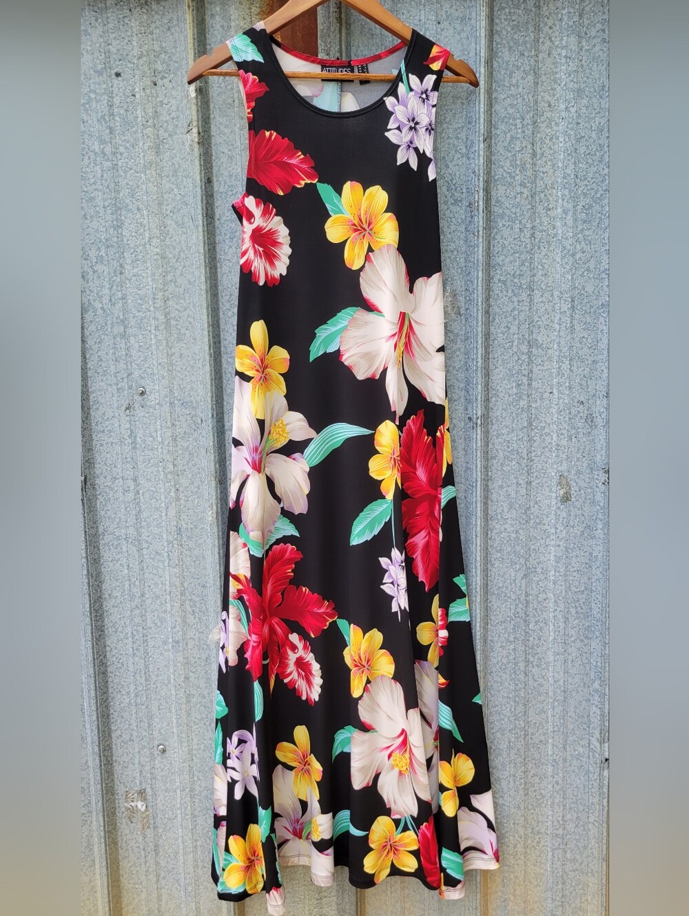 Attitudes by Renee Black Floral Maxi Dress with Red Yellow Pink Accents